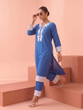 Indigo Blue Embroidered Kurta With Straight Trousers Set