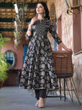 Varanga Women Black Mandarin Collar Embellished Yoke Three-Quarter Sleeves Paired With Printed Bottom And Dupatta