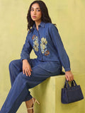 Soft Denim Co-Ord Set With Elegant Floral Embroidery