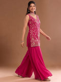 Rani Pink Embroidered Kurta Set Featuring Zari And Sequin Work With Flared Palazzo And Embellished Dupatta