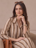 Women Brown Striped Shirt Collar Kurta Set