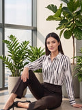 Cream Coloured Slim Collar Long Sleeves Abstract Shirt