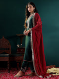 Varanga Women Green Round Neck Yoke Embroidered Straight Kurta With Embroidered Bottom And Contrast Dupatta With Fringes