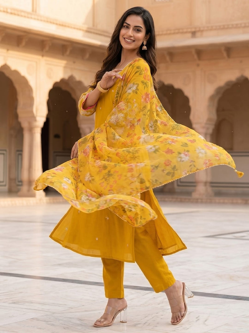 Women's Mustard Yellow Embroidered Kurta Set With Floral Printed Dupatta
