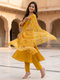 Women's Mustard Yellow Embroidered Kurta Set With Floral Printed Dupatta
