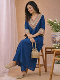 Zari Embroidered Lace Neck Flared Kaftan with Trouser