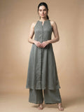 Solid Grey Halter Neck Front Slit Kurta With Palazzos
