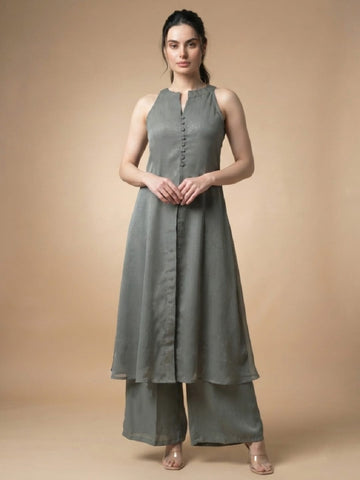 Solid Grey Halter Neck Front Slit Kurta With Palazzos