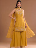 Round Neck Embroidered Kurta Set Featuring Zari And Sequin Work With Flared Palazzo And Embellished Dupatta