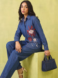 Soft Denim Co-Ord Set With Elegant Floral Embroidery