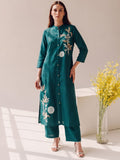 Women Shirt-Style Kurta Set Featuring Asymmetrical Floral Embroidery