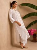 Ivory White Embroidered Kurta With Mandarin Collar And Geometric Thread Work
