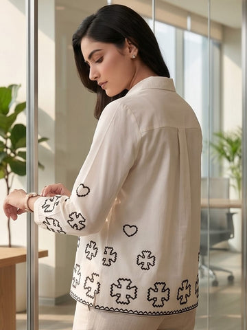 White Coloured Slim Collar Long Sleeves Ethnic Motifs Shirt