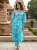 Turquoise Bloom pure cotton kurta Set