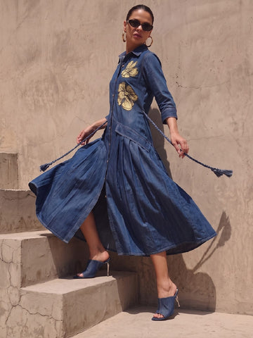 Denim Shirt Dress with Floral Applique work