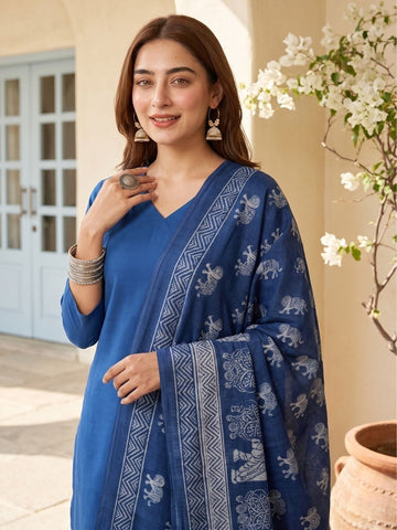 Women V Neck Straight Kurta With Pants & Dupatta