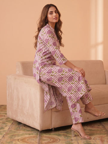 Lavender Floral Printed Cotton Kurta Set