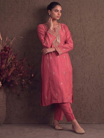 Salmon Pink Zardosi Embroidered Silk Suit Set