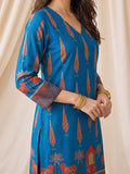 Women Blue Ethnic Printed Kurta With Trousers