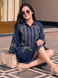 Blue Embroidered Shirt Dress Featuring Vibrant Floral Threadwork