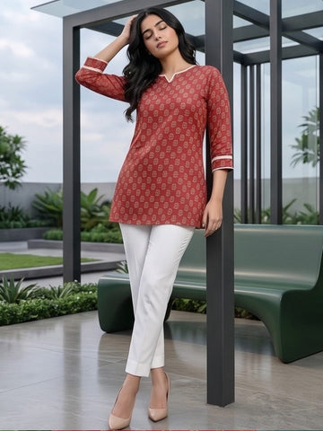 Ethnic Maroon Paisley Top with Notched V-Neckline