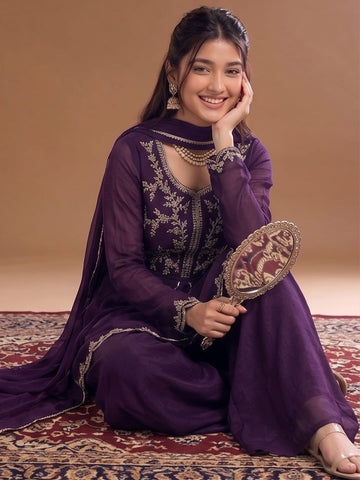 Varanga Purple Embroidered Palazzos With Dupatta | Poly Georgette | Festive