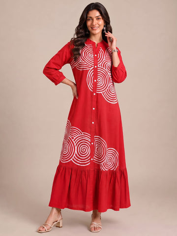 Crimson Red Embroidered Dress Featuring Bold Spiral Thread Work