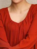 Varanga Women Rust Colour, Bishop Sleeve A-Line Kurta Paired With Tonal Bottom