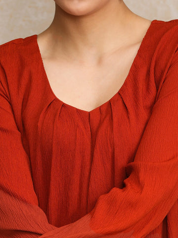 Varanga Women Rust Colour, Bishop Sleeve A-Line Kurta Paired With Tonal Bottom