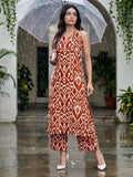 Varanga Women Red Ikat Printed Straight Kurta With Palazzo