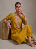 Mustard Straight-Fit Kurta With Embroidered Yoke, Paired With Solid Ankle-Length Trousers