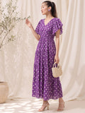 Women's Purple Ethnic Print Tiered Maxi Dress With Flutter Sleeves