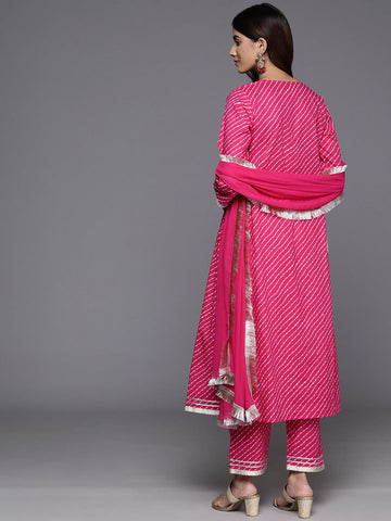 Varanga Women Fuchsia Leheriya Print V-Neck With Lace Detail A Line Kurta With Bottom And Dupatta.