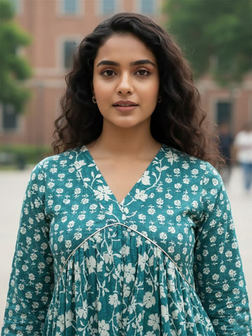 floarl print Aliya-cut kurta in blue and white, teamed with regular-fit ankle-length trousers.