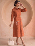 Casual Rust Shirt Dress With Thread Embroiderey Detailing