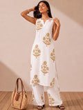 Women's White Kurta Set With Elegant Beige Floral Prints