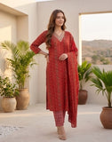 Varanga Women Red Printed  V-Neck Embroidered Kurta With Bottom And Dupatta