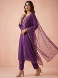 Women's Purple Embroidered Kurta Set With Embellished Net Dupatta