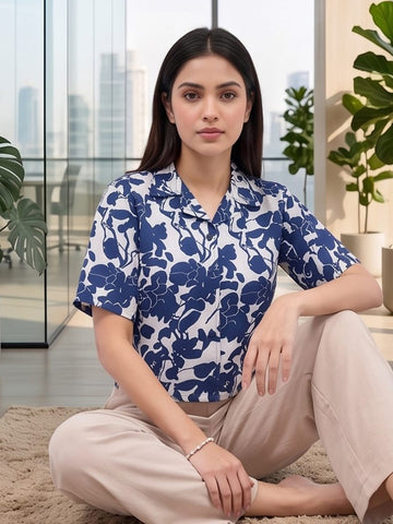 Blue Coloured Short Sleeves Shirt Collar Top
