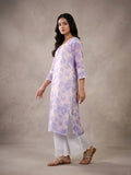 Varanga Women Lavender Floral Printed V- Neck Three Quarter Sleeve Straight Kurta.