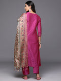 Varanga Women Pink Woven Zari Embroidered Straight Kurta With Bottom And Dupatta