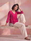 Women's Pink Bandhani Print Peplum Top With V-Neck And Gota Work Detailing