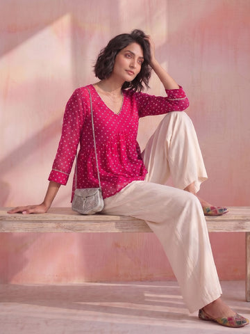 Women's Pink Bandhani Print Peplum Top With V-Neck And Gota Work Detailing