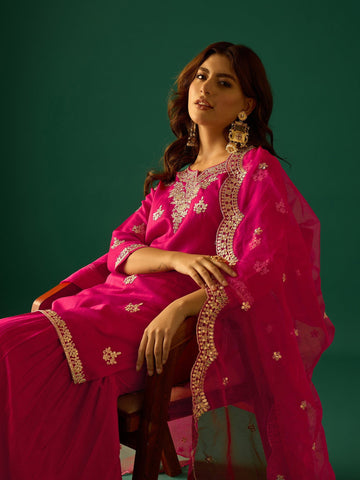 Zari Work Kurta With Sharara And Dupatta