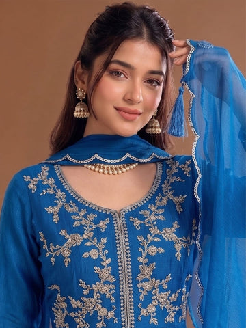 Varanga Blue Embroidered Palazzos With Dupatta | Poly Georgette | Festive