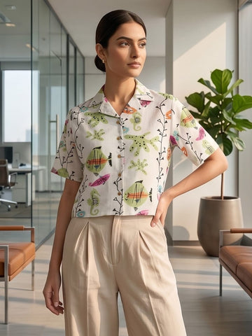 White Coloured Short Sleeves Shirt Collar Top