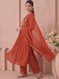 Rust Zari Embroidered Kurta Set With Trouser And Dupatta