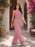 Festive Gold-Speckled Fit & Flare Kurta And Wide-Leg Trouser Set