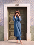 Womens Embroidered Blue Notch-Neck Kurta & Straight Pant Set