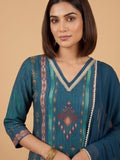 Varanga Women 3-Piece Blue Ikat-Printed Kurta Set With Solid Trousers And A Lace-Trimmed Dupatta